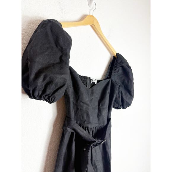 Reformation Tien Linen Midi Dress Size 2 Black Puff Sleeve Belted Cottagecore - Picture 7 of 13